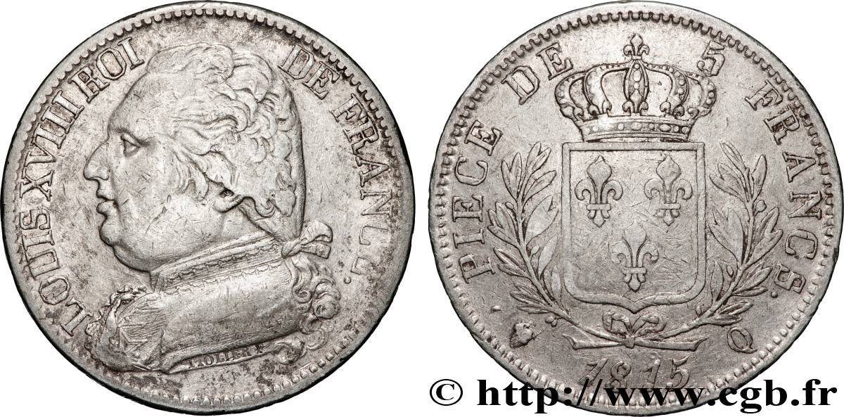 5 francs Louis XVIII, buste habillé 1815 Perpignan F.308/28 BC+ 