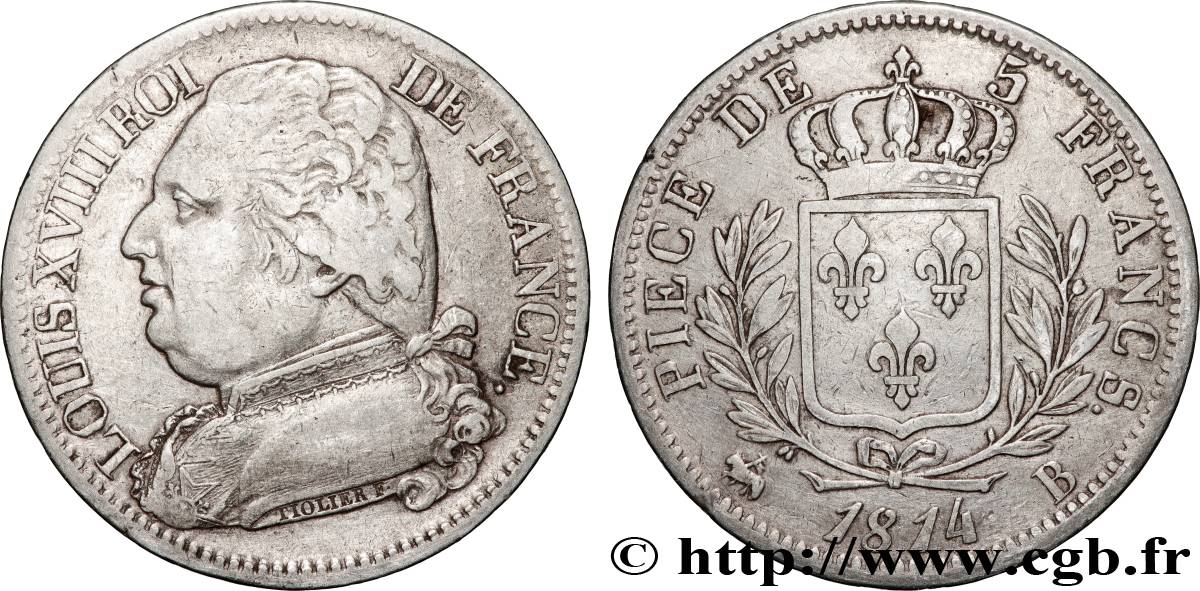 5 francs Louis XVIII, buste habillé 1814 Rouen F.308/2 TB+ 