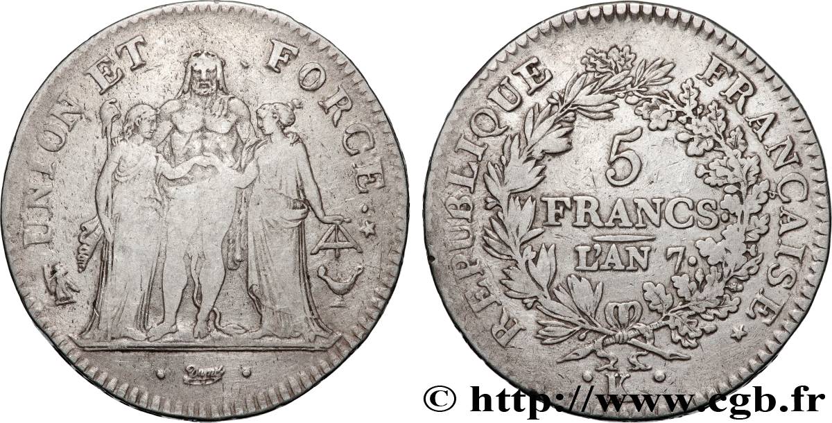 5 francs Union et Force, Union desserré, avec glands intérieurs et gland extérieur 1799 Bordeaux F.291/23 TB15 