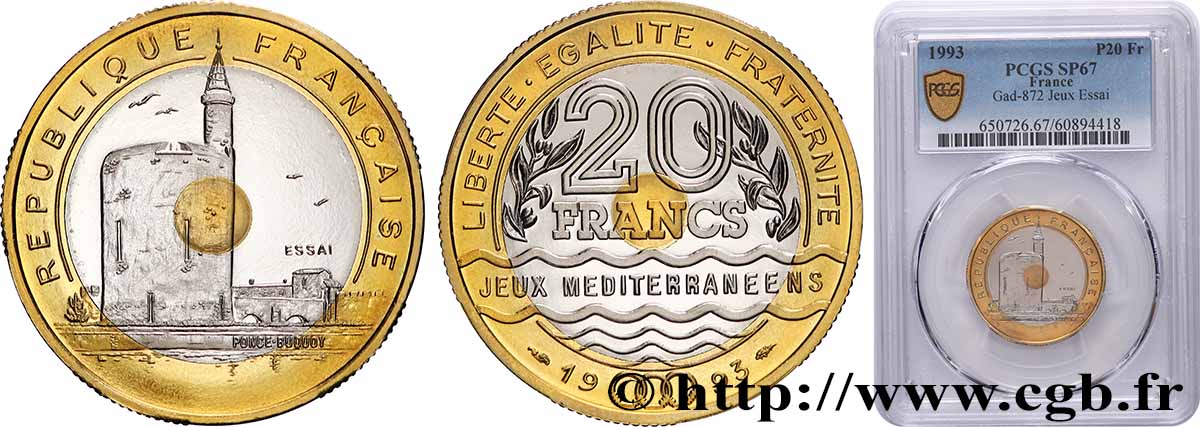 Essai de 20 francs Jeux Méditerranéens 1993 Pessac F.404/1 FDC67 PCGS