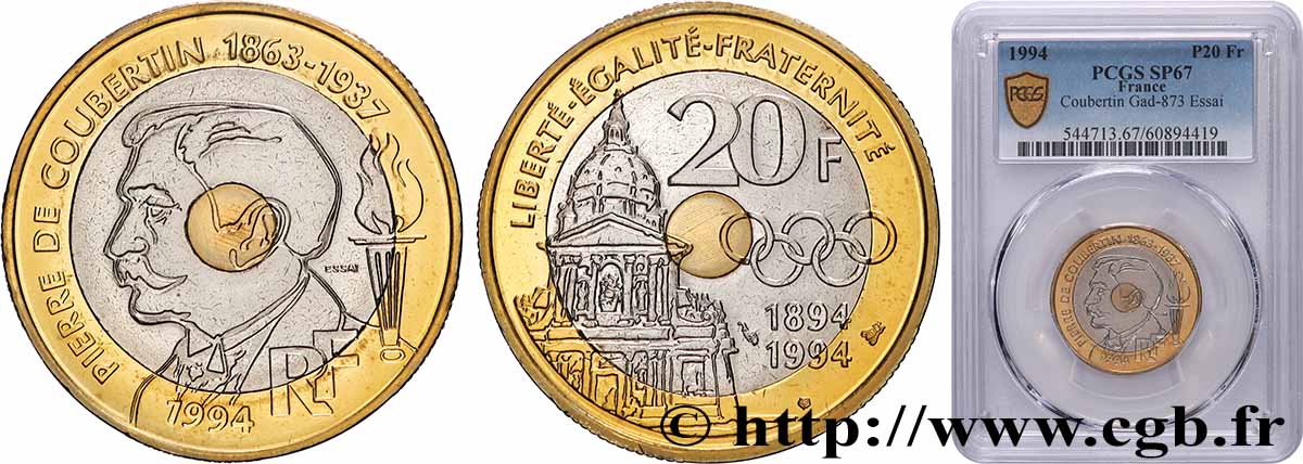 Essai de 20 francs Pierre de Coubertin 1994 Pessac F.405/1 FDC67 PCGS