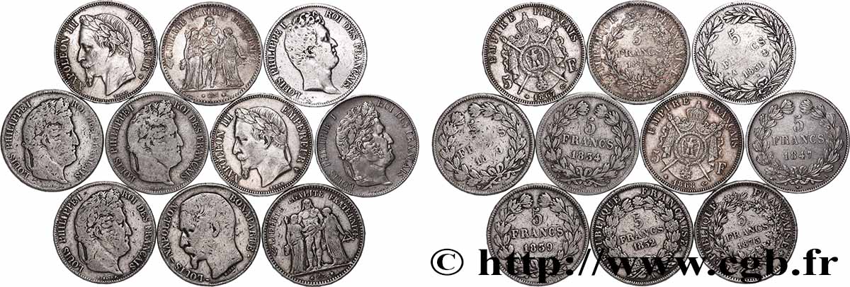 Lot de dix écus de 5 francs n.d.  F.-/ VF 