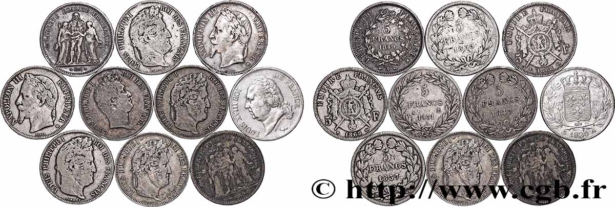 Lot de dix écus de 5 francs n.d.  F.-/ VF 