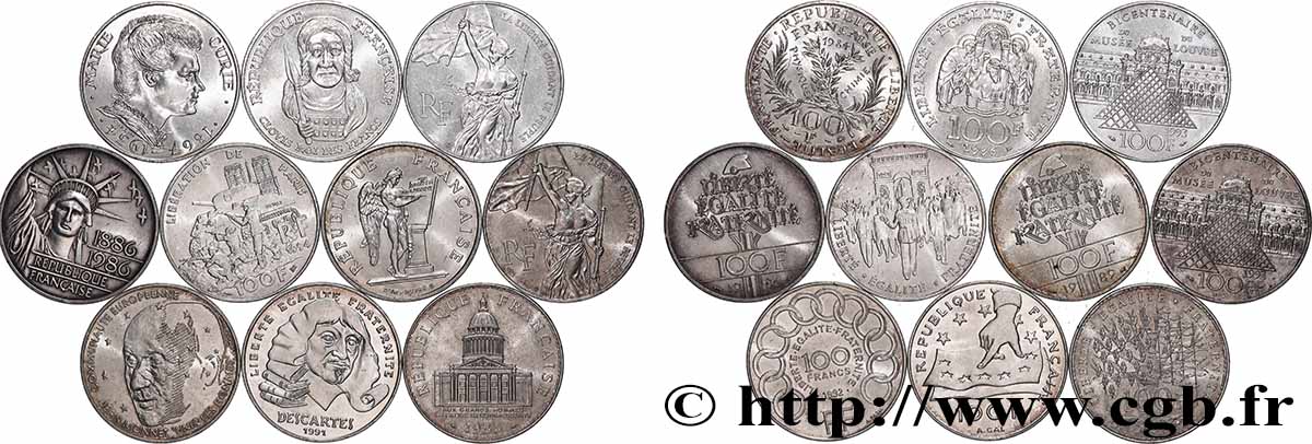 Lot de 10 pièces de 100 francs commémoratives - - F.-/ XF 
