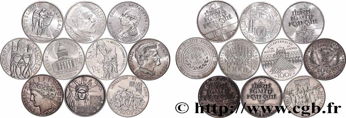 Lot de 10 pièces de 100 francs commémoratives - - F.-/ XF 