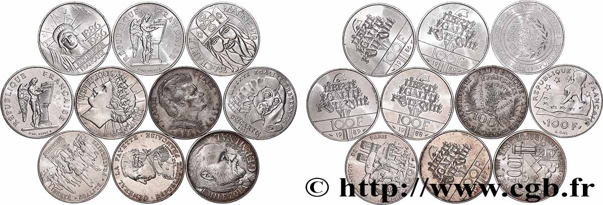 Lot de 10 pièces de 100 francs commémoratives - - F.-/ TTB 