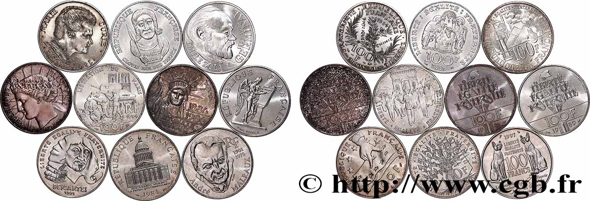 Lot de 10 pièces de 100 francs commémoratives - - F.-/ TTB 