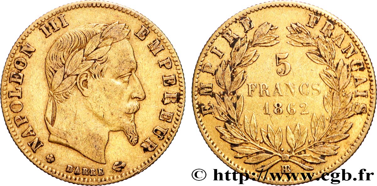 5 francs or Napoléon III, tête laurée 1862 Strasbourg F.502/2 TB+ 
