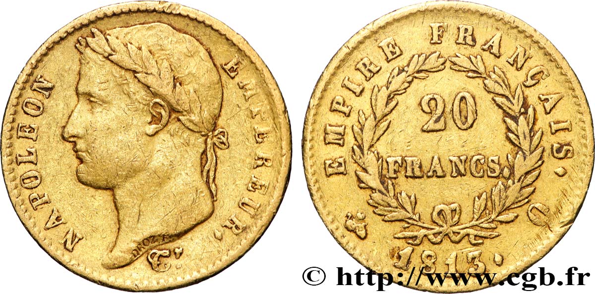 20 francs or Napoléon tête laurée, Empire français 1813 Perpignan F.516/34 TB+ 