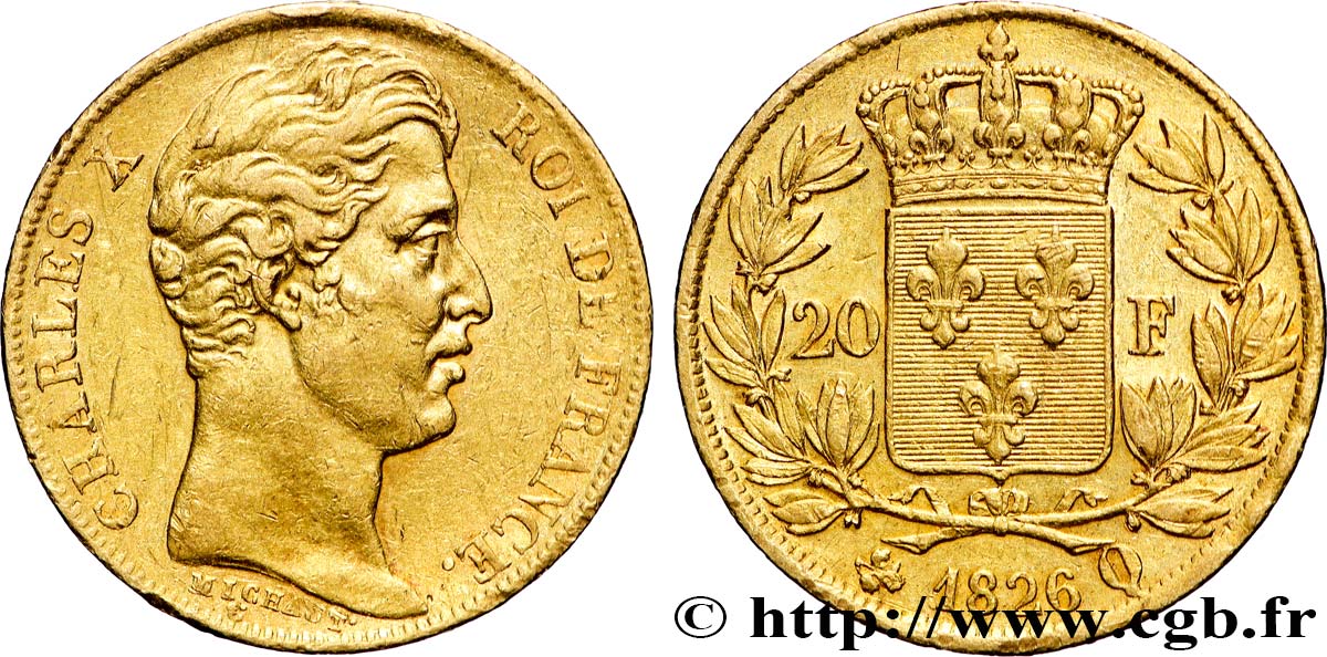 20 francs or Charles X, matrice du revers à quatre feuilles et demie 1826 Perpignan F.520/4 TTB+ 