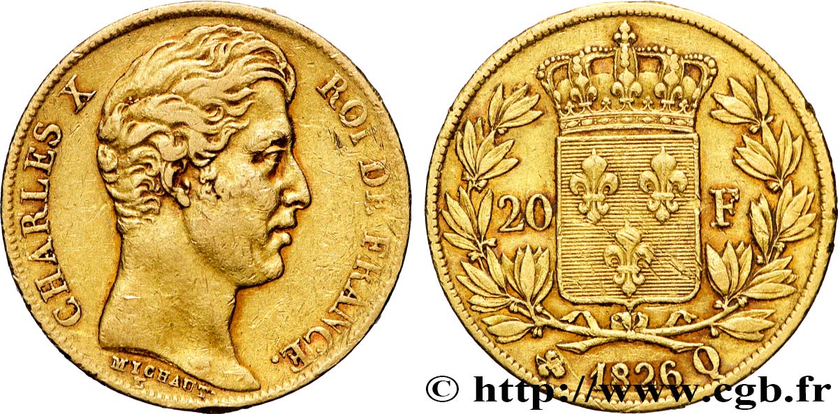 20 francs or Charles X, matrice du revers à quatre feuilles et demie 1826 Perpignan F.520/4 TTB 