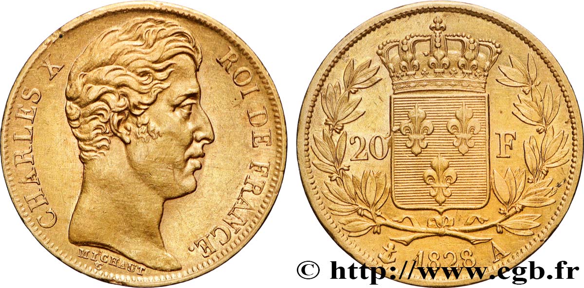20 francs or Charles X, matrice du revers à cinq feuilles 1828 Paris F.521/2 TTB+ 