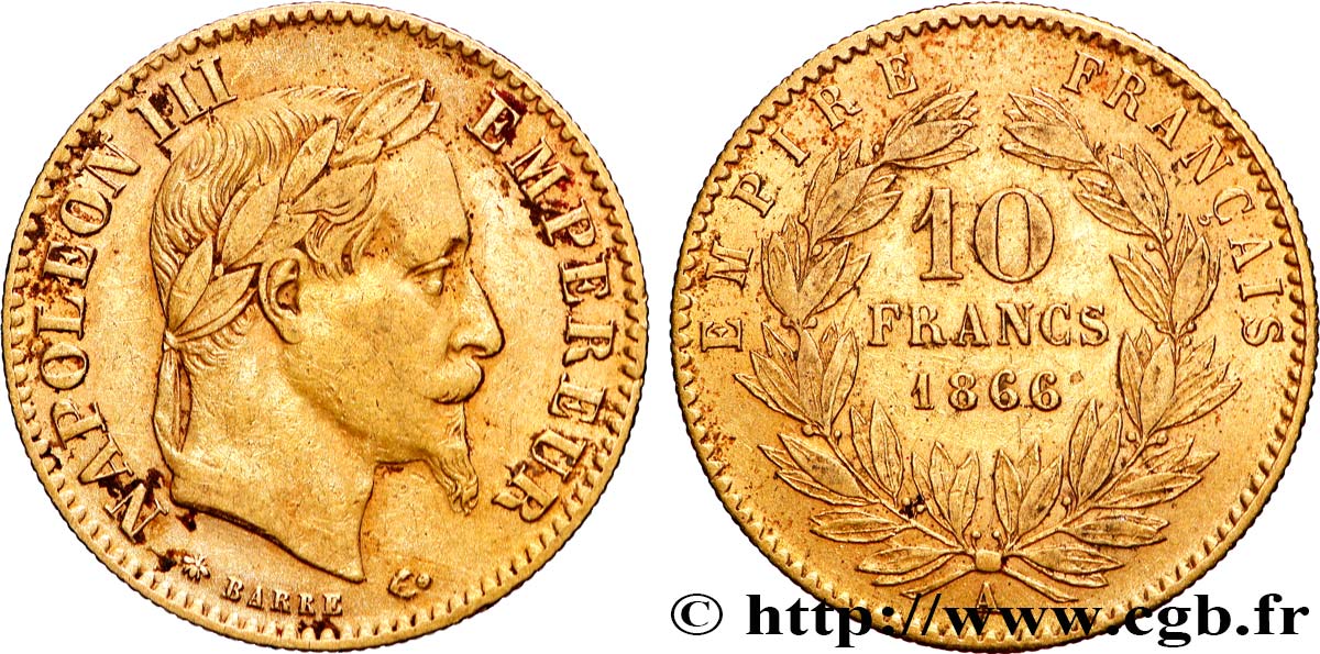 10 francs or Napoléon III, tête laurée 1866 Paris F.507A/12 q.BB 