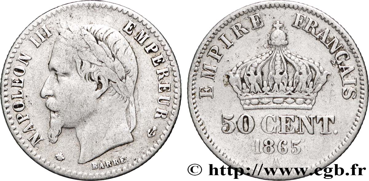 50 centimes Napoléon III, tête laurée 1865 Paris F.188/6 TB 