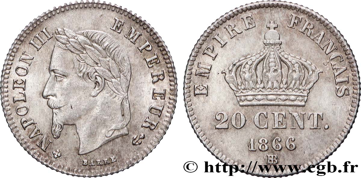 20 centimes Napoléon III, tête laurée, petit module 1866 Strasbourg F.149/5 SUP 