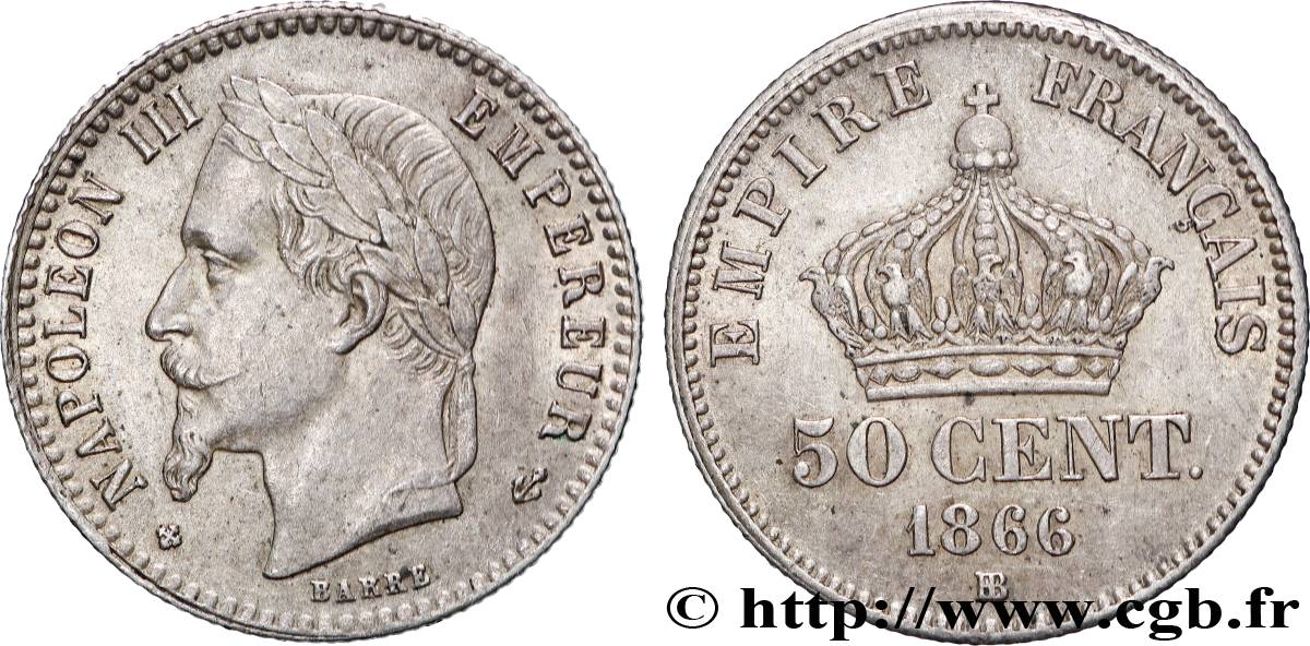 50 centimes Napoléon III, tête laurée 1866 Strasbourg F.188/10 TTB53 