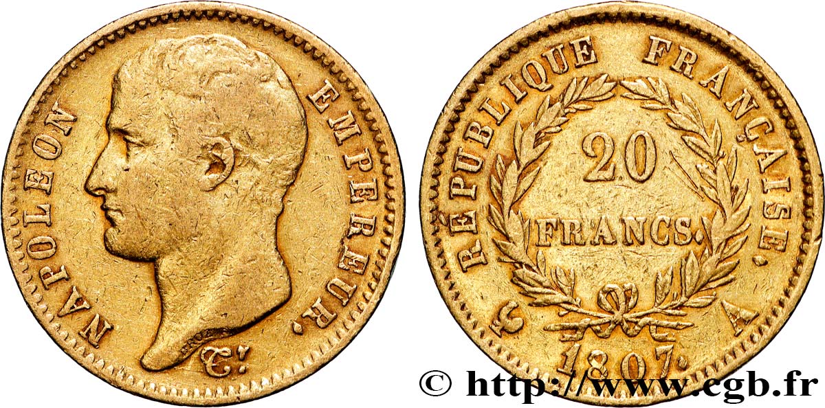 20 francs Napoléon tête nue, type transitoire 1807 Paris F.514/1 TB 