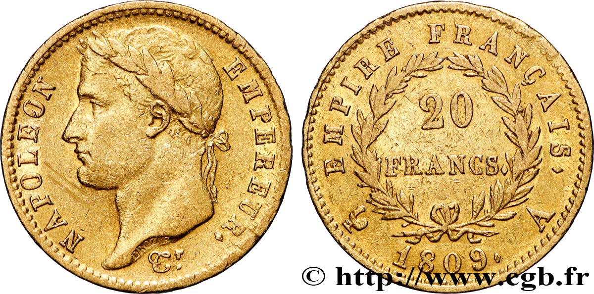 20 francs or Napoléon tête laurée, Empire français 1809 Paris F.516/1 VF 