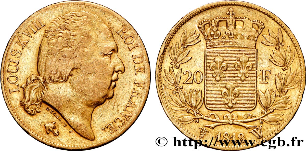 20 francs or Louis XVIII, tête nue 1818 Lille F.519/14 TB+ 