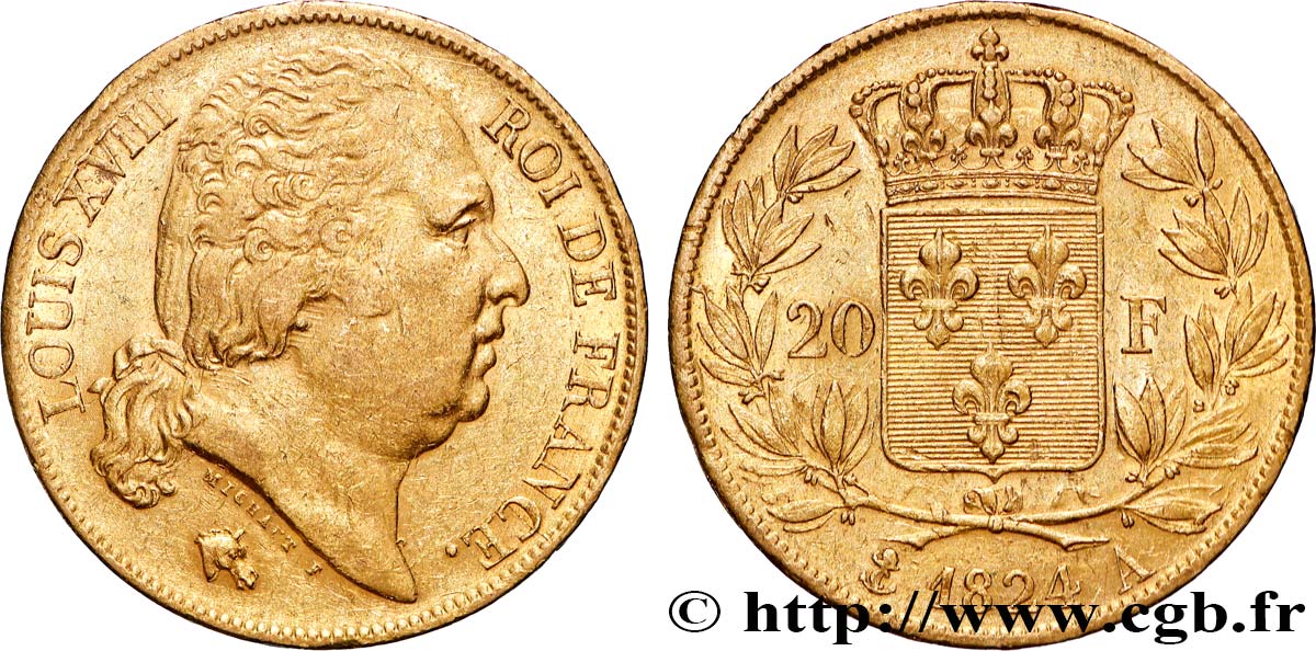 20 francs or Louis XVIII, tête nue 1824 Paris F.519/31 q.SPL 