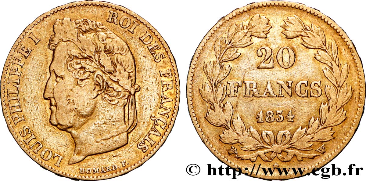 20 francs Louis-Philippe, Domard 1834 Lille F.527/10 VF 