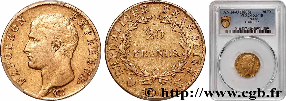 20 francs Napoléon tête nue, calendrier révolutionnaire 1805 Turin F.512/8 TTB40 PCGS