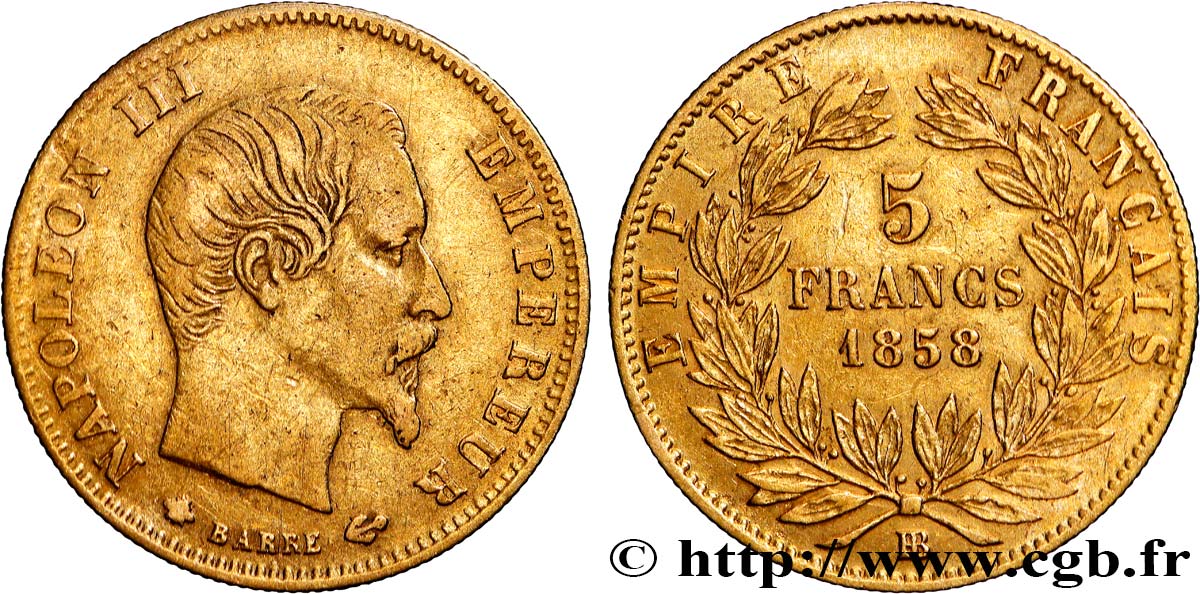 5 francs or Napoléon III, tête nue, grand module 1858 Strasbourg F.501/6 TB+ 