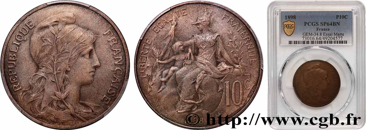 Essai de 10 centimes Daniel-Dupuis en bronze, flan mat 1898 Paris F.136/3 SPL64 PCGS