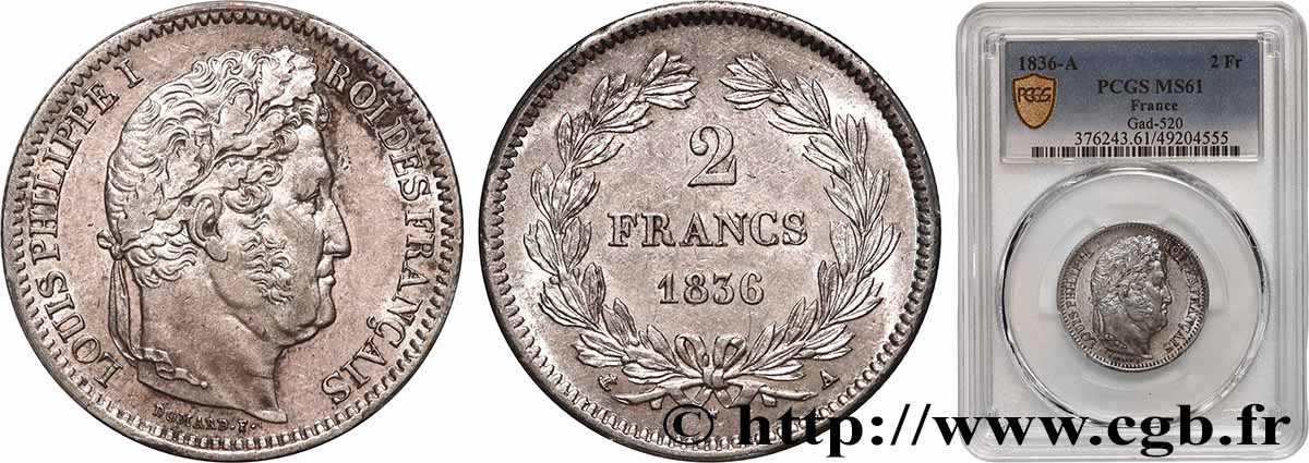 2 francs Louis-Philippe 1836 Paris F.260/51 SUP61 PCGS
