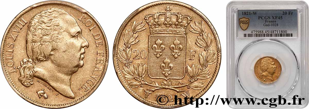 20 francs or Louis XVIII, tête nue 1821 Lille F.519/25 TTB45 PCGS