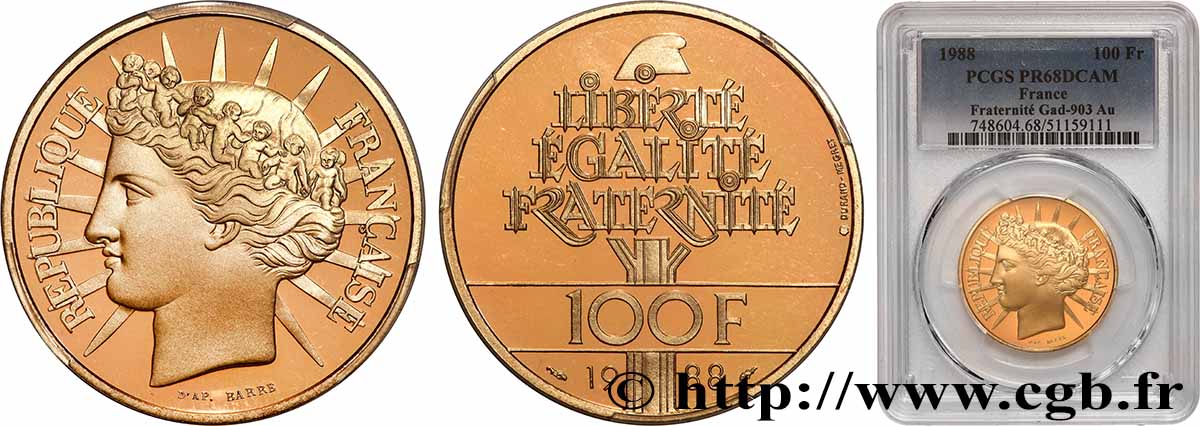 Belle Épreuve Or 100 francs - Fraternité 1988  F.1604 2 FDC68 PCGS