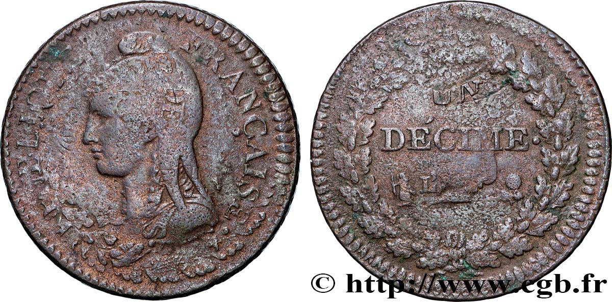 Un décime Dupré, grand module,  refrappage  du 2 décimes 1797 Limoges F.128/9 BC+ 