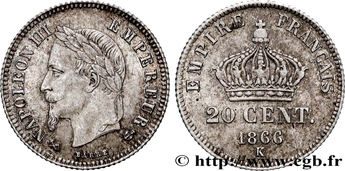 20 centimes Napoléon III, tête laurée, petit module 1866 Bordeaux F.149/6 SUP58 