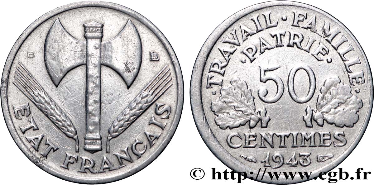 50 centimes Francisque, légère, Frappe Médaille 1943 Beaumont-Le-Roger F.196/3 var. TTB 