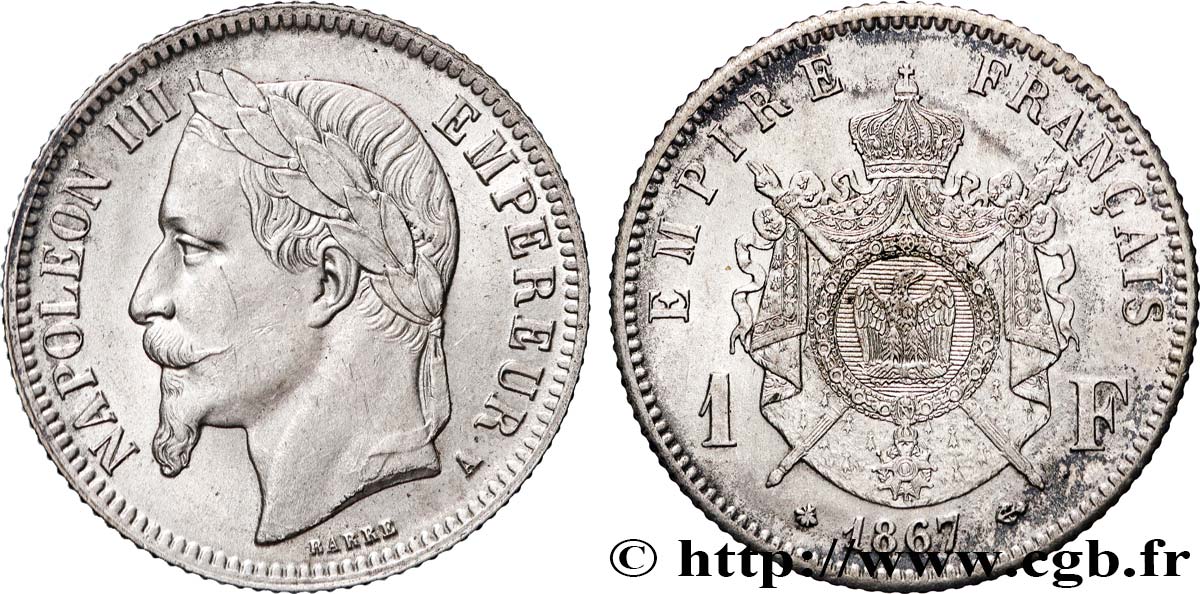 1 franc Napoléon III, tête laurée 1867 Paris F.215/6 AU 