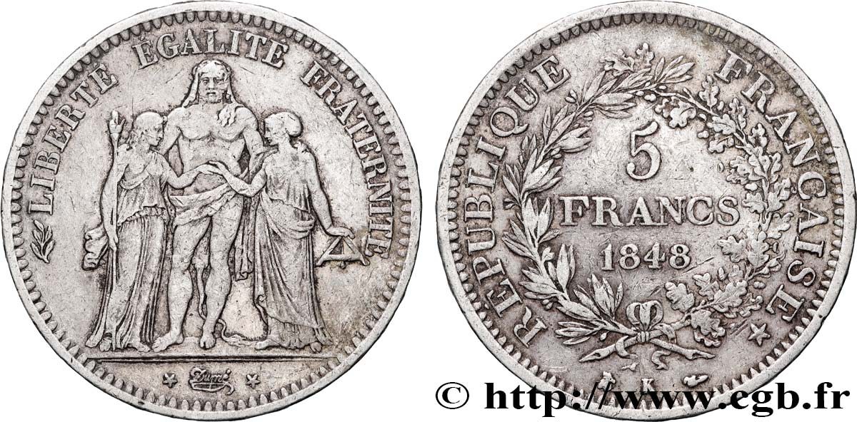 5 francs Hercule, IIe République 1848 Bordeaux F.326/4 TB+ 