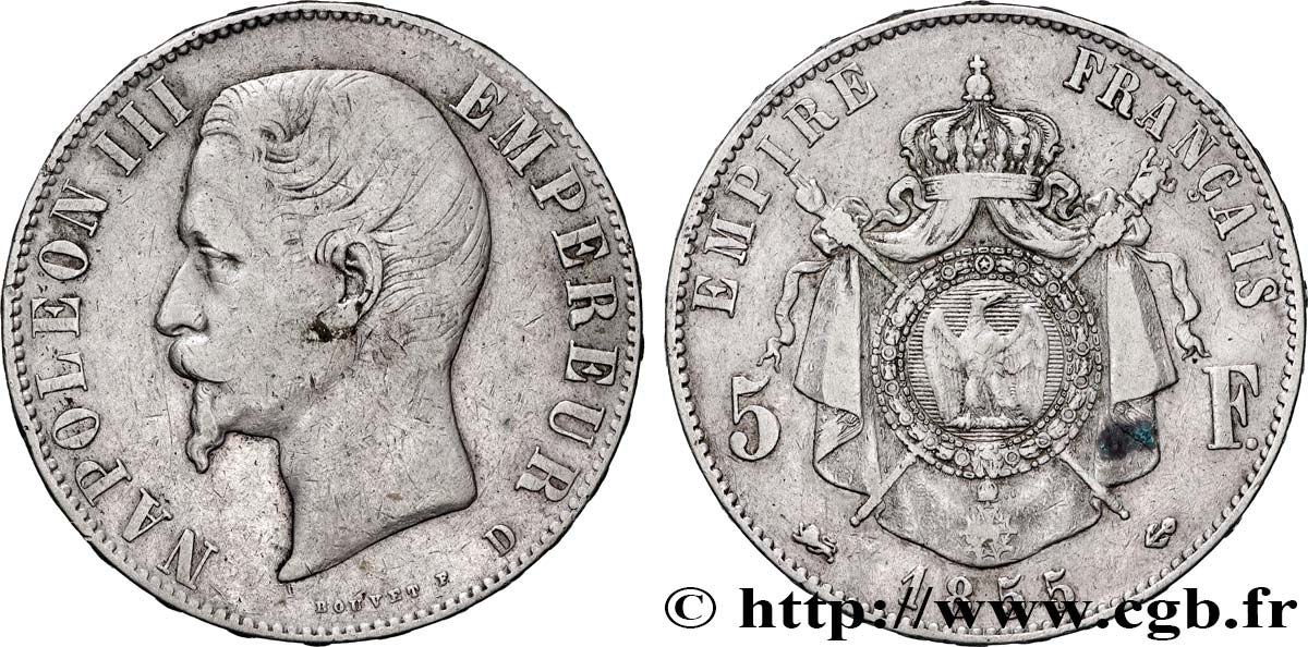 5 francs Napoléon III, tête nue 1855 Lyon F.330/5 TB 