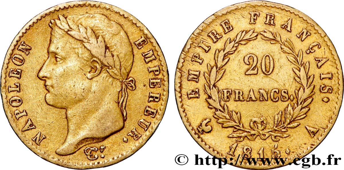 20 francs or Napoléon, tête laurée, Empire français 1815 Paris F.516A/1 TB+ 