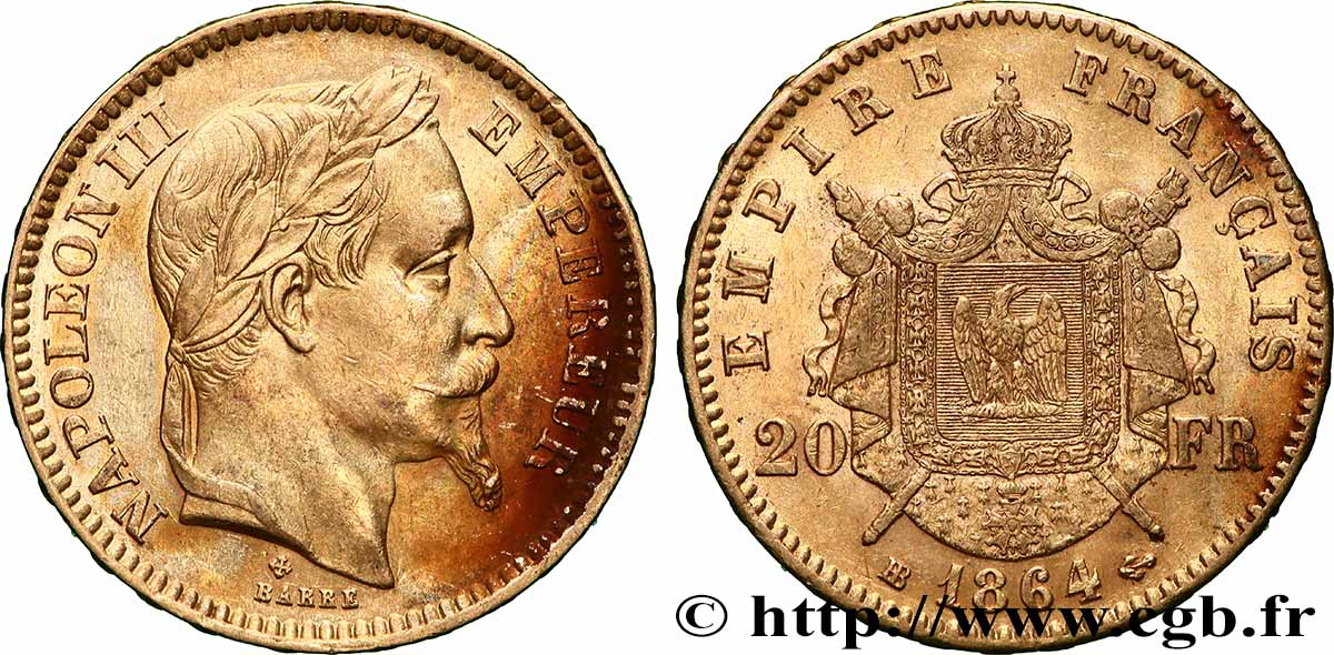 20 francs or Napoléon III, tête laurée 1864 Strasbourg F.532/9 TTB+ 