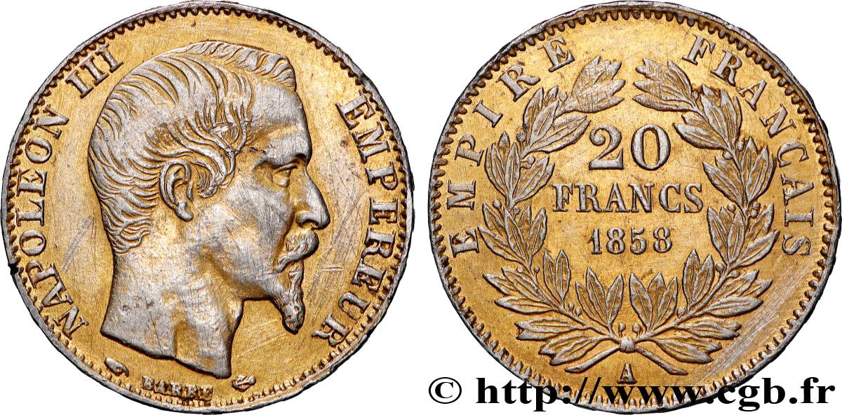 FAUX en platine de 20 francs or Napoléon III, tête nue 1858 Paris F.531/13 var. TB 