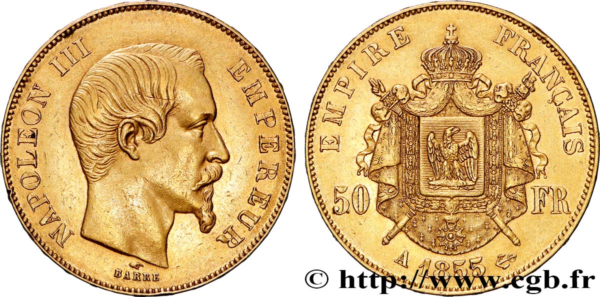 50 francs or Napoléon III, tête nue 1855 Paris F.547/1 TTB+ 