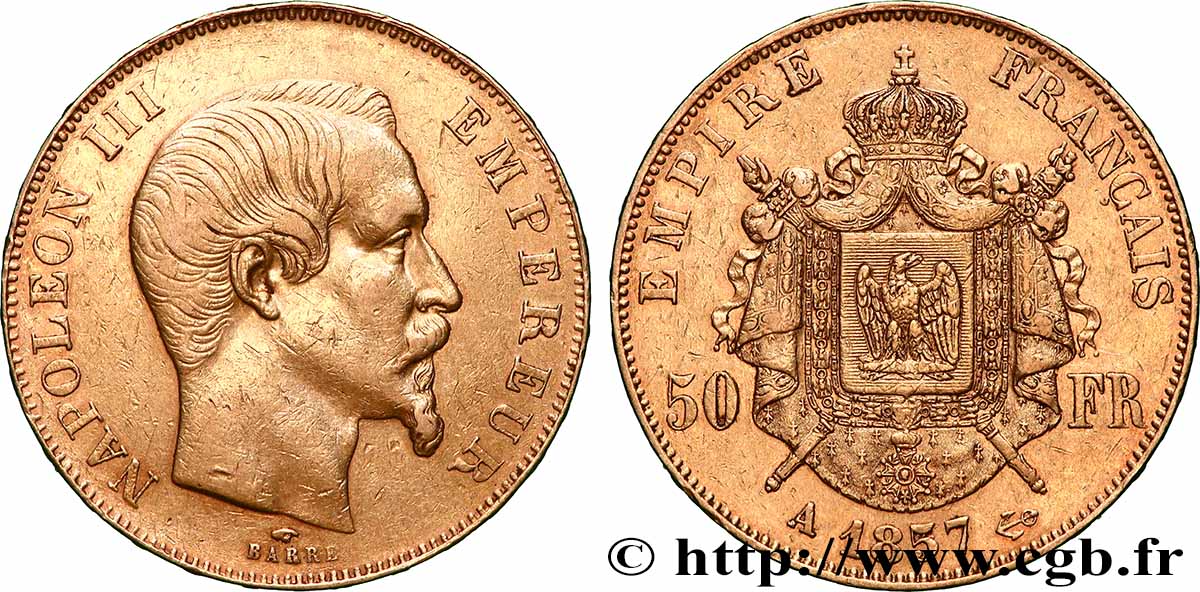 50 francs or Napoléon III, tête nue 1857 Paris F.547/4 TTB+ 