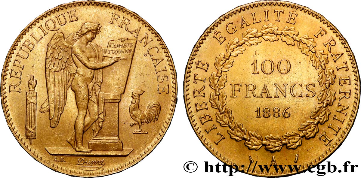 100 francs or Génie, tranche inscrite en relief Dieu protège la France 1886 Paris F.552/7 AU 