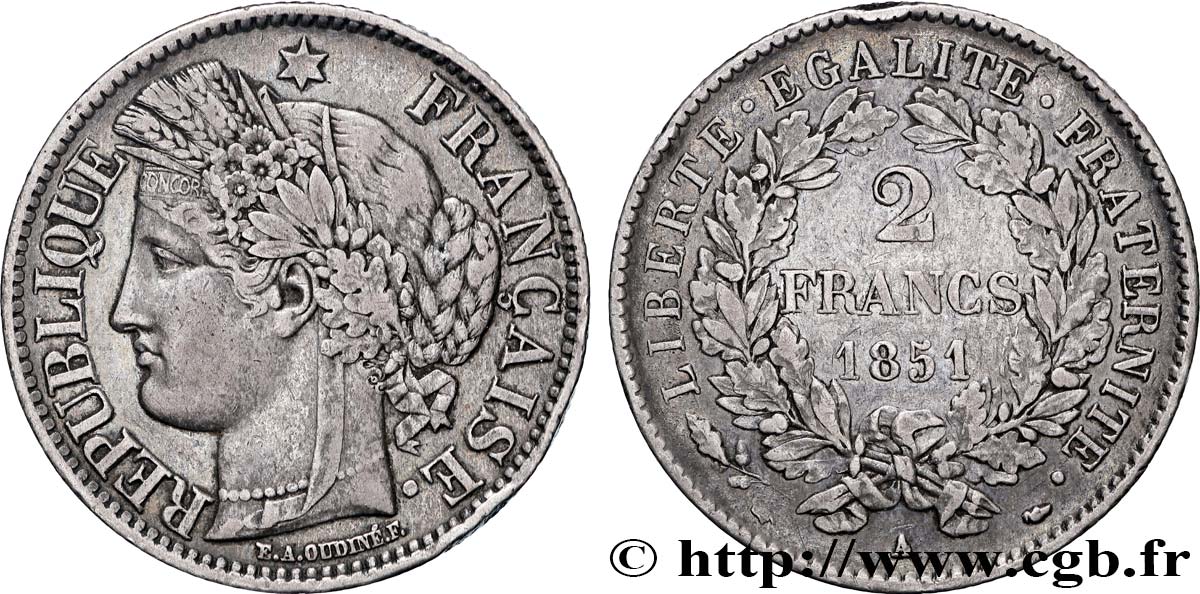 2 francs Cérès, IIe République 1851  Paris F.261/7 TB+ 