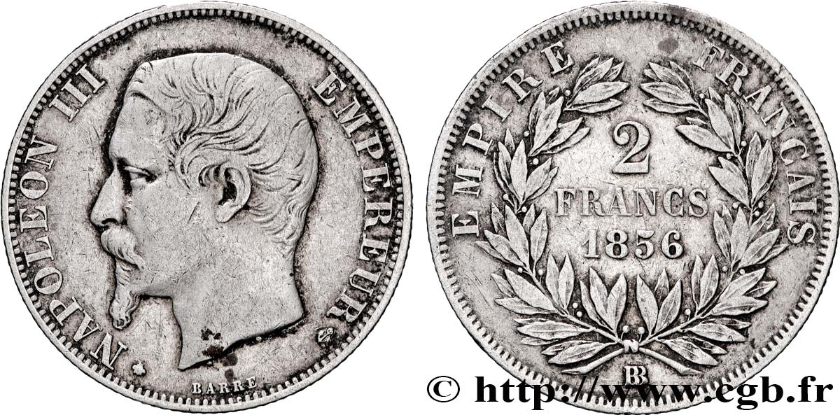 2 francs Napoléon III, tête nue, grand BB 1856 Strasbourg F.262/6 TTB 