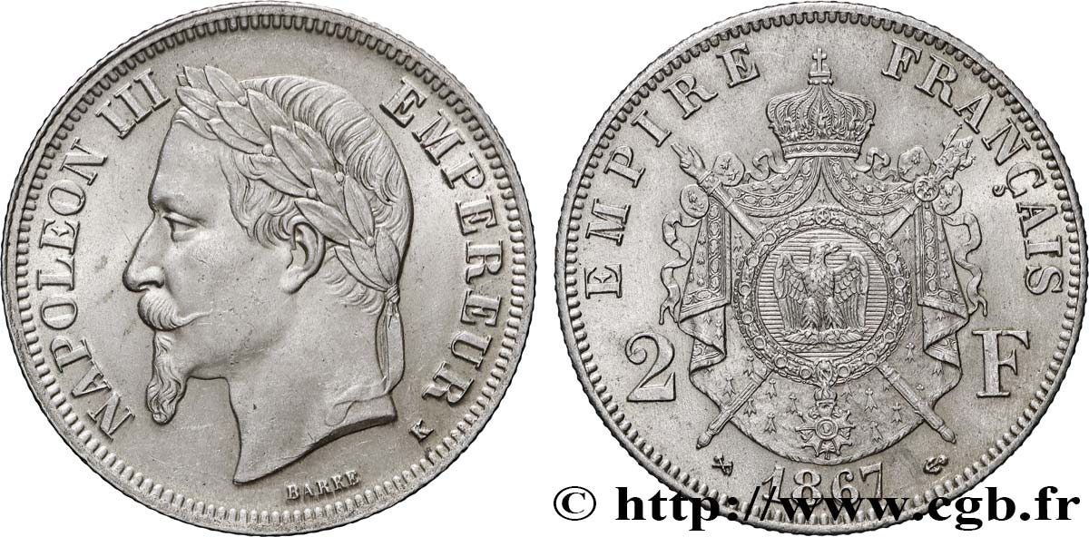 2 francs Napoléon III, tête laurée 1867 Bordeaux F.263/7 SUP60 