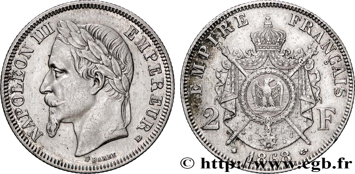 2 francs Napoléon III, tête laurée  1868 Strasbourg F.263/9 TTB 