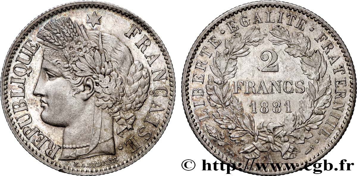 2 francs Cérès, avec légende 1881 Paris F.265/12 SPL 