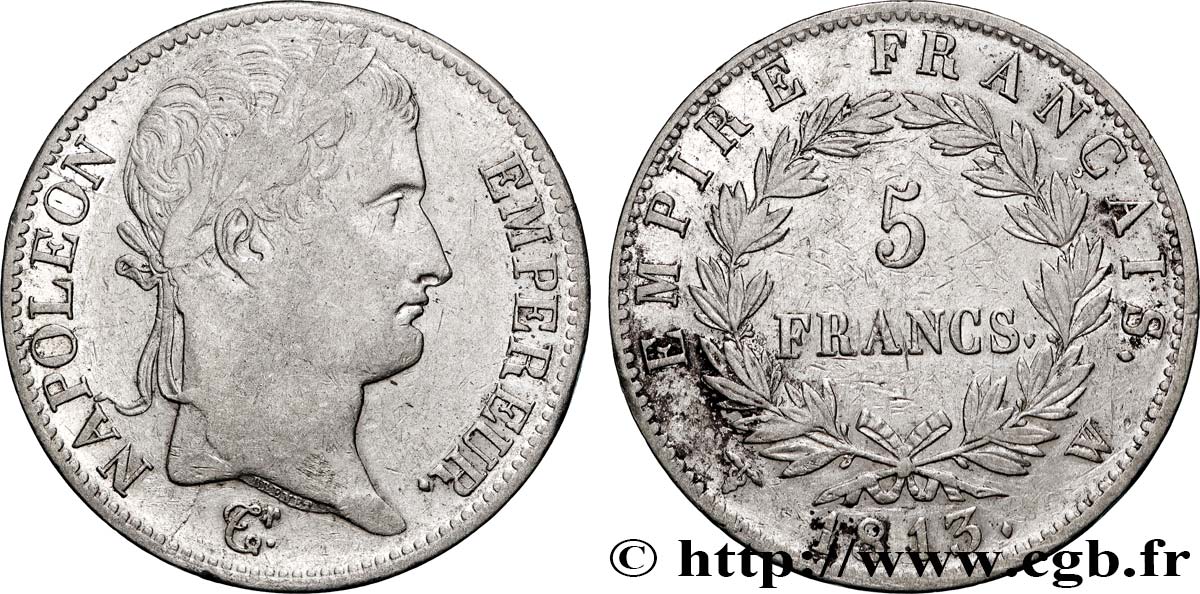5 francs Napoléon Empereur, Empire français 1813 Lille F.307/75 VF 