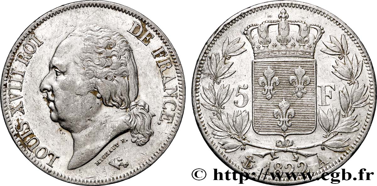 5 francs Louis XVIII, tête nue 1822 Paris F.309/68 TTB 